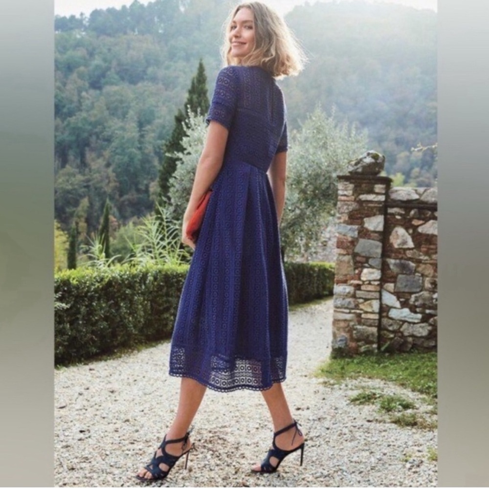 Boden Althea Lace Short Sleeve Fit and Flare Midi Dress, Imperial Blue, Size US2
